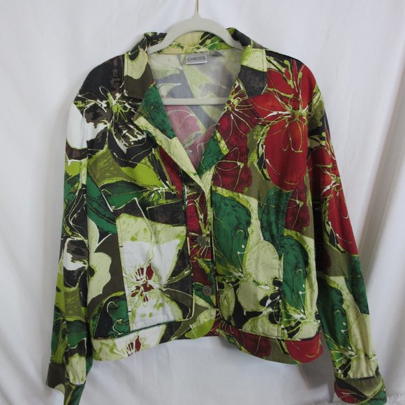 Chico's Holiday Floral Shirt Jacket Christmas Red Green Blazer Size 2 Large - Picture 5 of 11